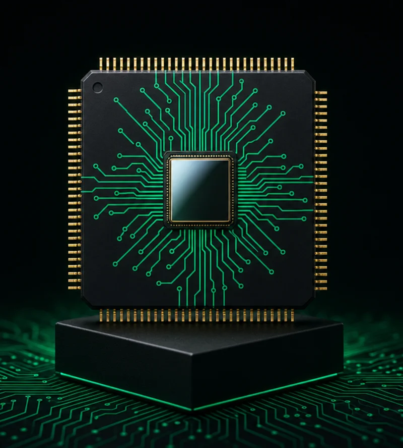 A processor chip with glowing green circuit traces, rendered in 3D